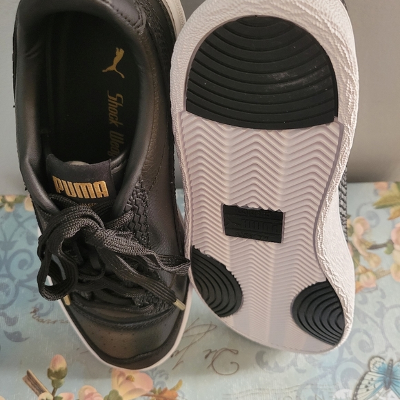 Black Leather Shock Wedge Pumas - Picture 3 of 6